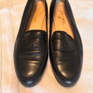 CHANEL women’s Black Leather Slip-On Loafers
